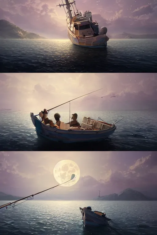 Image similar to a highly detailed matte painting of a fishing boat on lake under moon and stars by studio ghibli, makoto shinkai, by artgerm, by wlop, by greg rutkowski, volumetric lighting, cyberpunk, octane render, 4 k resolution, trending on artstation, masterpiece