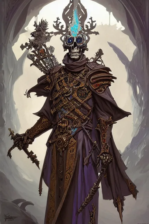 Prompt: archmage skeleton with a medival armour and antique silk robes inspired by peter mohrbacher, D&D, face, fantasy, intricate, elegant, highly detailed, digital painting, artstation, concept art, smooth, sharp focus, illustration, art by artgerm and greg rutkowski and alphonse mucha