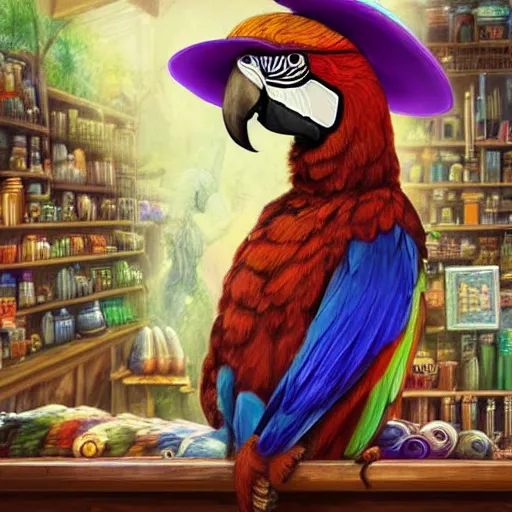 Prompt: Digital art of Anthropomorphized parrot trader in his shop, shelves full, selling a gem, portrait, items, magic potions, carpet, window, fancy funny hat, sly expression , cunning expression, cute expression, presenting magic gem, D&D, fantasy, cinematic lighting, highly detailed, digital painting, artstation, concept art, smooth, sharp focus, illustration, warm light, cozy warm tint, magic the gathering artwork, volumetric lighting, 8k, no gold, no gold colours, art by Akihiko Yoshida and Greg Rutkowski