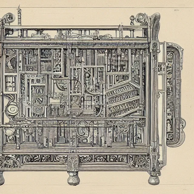 Image similar to beautiful, symmetric, art nouveau, detailed, intricate technical drawing from 1 8 4 0 with extensive written labels and covered in scribbled pencil notes, for a mechanical display attachment to babbage's difference engine, showing a screen playing tetris