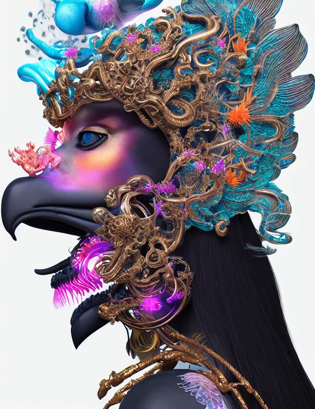 Image similar to 3 d goddess close - up profile portrait with crown, ram skull. beautiful intricately detailed neon japanese crow kitsune mask and clasical japanese kimono. betta fish, jellyfish phoenix, bio luminescent, plasma, ice, water, wind, creature, artwork by tooth wu and wlop and beeple and greg rutkowski