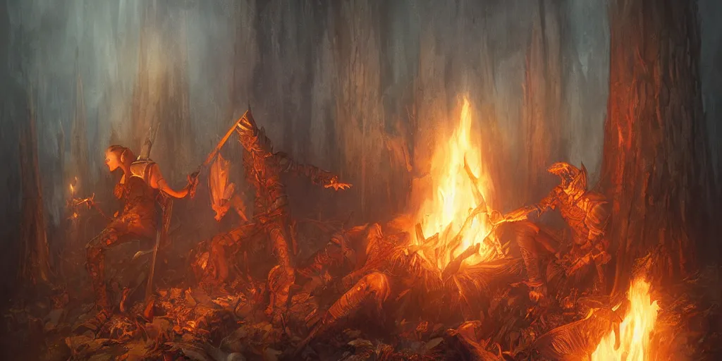 Prompt: a bonfire in the style of dark souls by brian froud, rossdraws, tom bagshaw and jeremy lipkin