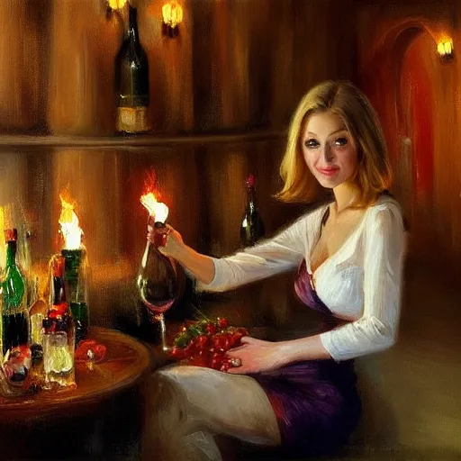 Prompt: pretty blonde beautiful woman in a wine cellar, elegant, red wine, meat, torches light the wall, impressionism, painting by Vladimir Volegov