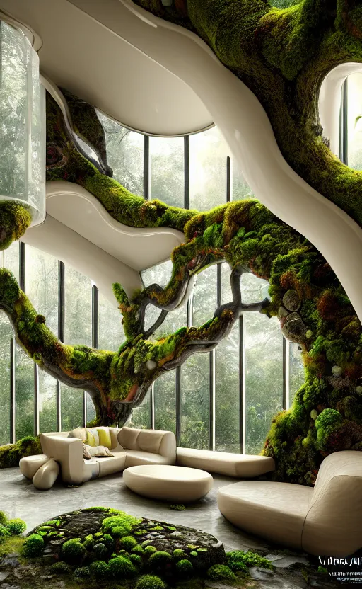 Image similar to highly detailed villa natural beautiful light interior soft cinematic composition of a smooth ceramic porcelain biomorphic magnolia stone nebula fluid sci - fi surreal colorful architecture landscape, furniture, granite, trees, marble, moss, lichen, fungi, vincent callebaut composition, mamou - mani, archviz, 8 k, unreal engine, hdr