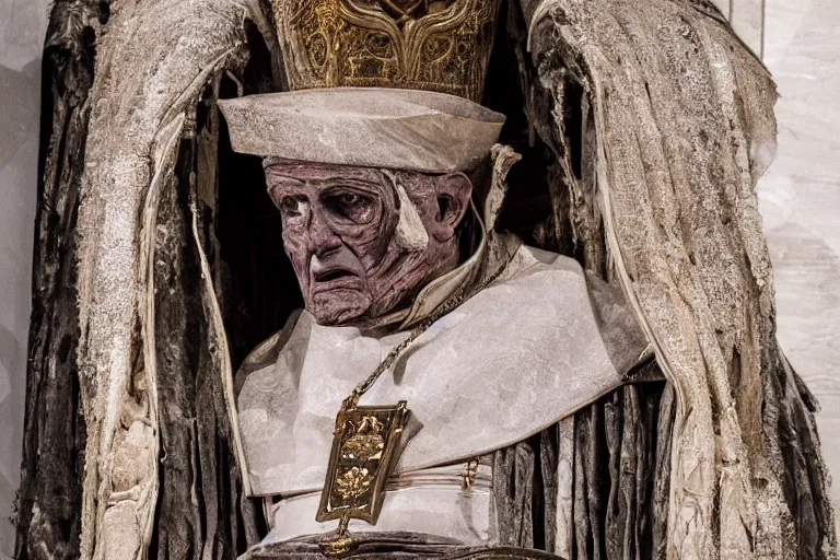 Image similar to mummified pope in his throne at the vatican, desiccated, close - up portrait, tall pontiff hat, mitre, dark, moody, black skin, ornate, hyper realistic, sharp focus, highly detailed, cinematic, dramatic lighting