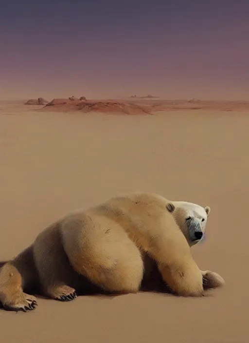 Prompt: dying polar bear on a desert, by greg rutkowski, trending on artstation, masterpiece