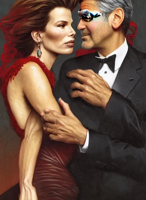 Image similar to george clooney wearing a formal black suit and kim basinger wearing a red dress in love hugging each other, highly detailed, focus stacked, candid portrait, art by artgerm and greg rutkowski and alphonse mucha