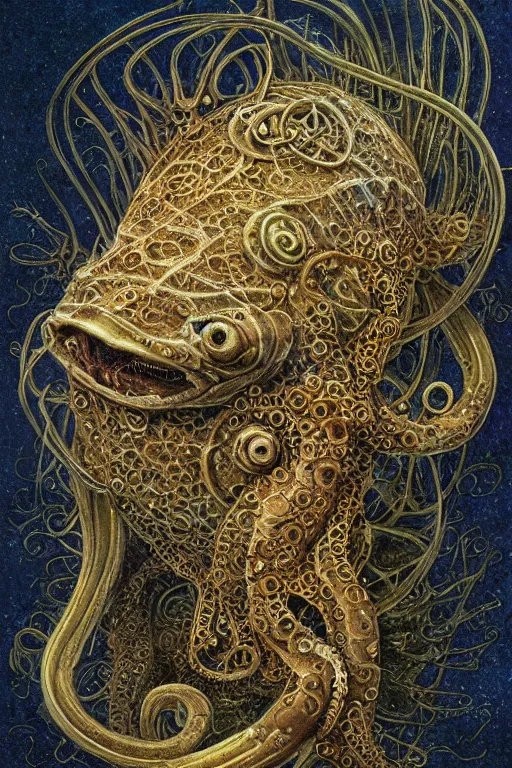 Image similar to steampunk axolotl tentacle fish, masterpiece, intricate, elegant, highly detailed, digital painting, smooth, sharp focus, illustration, art by james gurney, graeme base, brian froud, alan lee