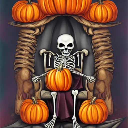 Image similar to a skeleton in a crown sitting on a chair surrounded by pumpkins, a storybook illustration by anne stokes, featured on deviantart, gothic art, behance hd, creepypasta, 2 d game art