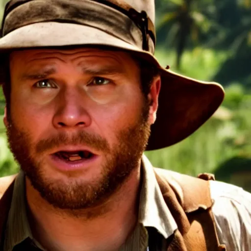 Prompt: Seth Rogen as indiana jones in raiders of the lost ark, 8k resolution, full HD, cinematic lighting, award winning, anatomically correct