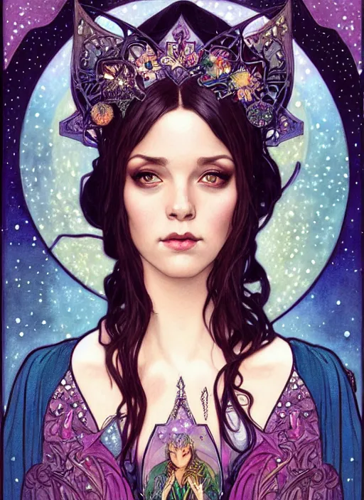 Prompt: fantastic portrait of a beautiftul witch with some shinny star, cloak, royally decorated crystal gemstones, symmetrical face, art nouveau, portrait, cute, fairy, by artgerm, kelly mckernan, greg rutkowski, alphonse mucha, detailed background, artstation, intricate, elegant, highly detailed, colorful, maximalist