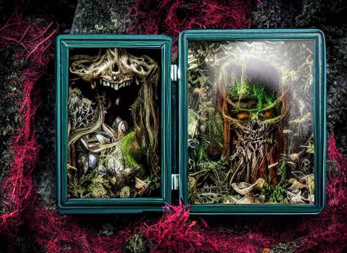 Prompt: photo of a crystal box with horrors inside in the forest. Fantasy horror style. Highly detailed 8k. Intricate. Nikon d850 55mm. Award winning photography.