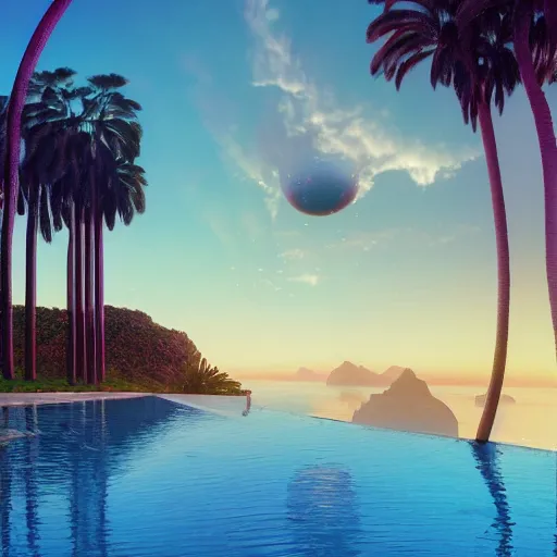 Prompt: Beeple masterpiece, sunset, hyperrealistic surrealism, award winning masterpiece with incredible details, epic stunning, infinity pool, a surreal liminal space, highly detailed, trending on ArtStation, calming, meditative, pink arches, palm trees, surreal, sharp details, dreamscape, giant gold head statue ruins, crystal clear water, sunrise