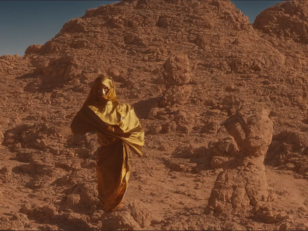 Prompt: levitating bene gesserit with full - face golden mask and glowing eyes in a dry rocky desert landscape, visible sky and sunny atmosphere, fata morgana giant mirrors, spaceship in the sky by alejandro jodorowsky, anamorphic lens, kodakchrome, cinematic composition, practical effects, 8 k,