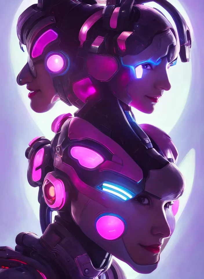 Image similar to ymmetry portrait of dva from overwatch, sci - fi, tech wear, glowing lights intricate, elegant, highly detailed, digital painting, artstation, concept art, smooth, sharp focus, illustration, art by artgerm and greg rutkowski and alphonse mucha