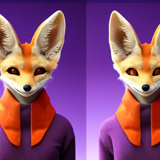 Prompt: a highly detailed portrait of a humanoid light brown fennec fox, with a white muzzle, bright orange eyes, in a purple cloak, artstation, DeviantArt, professional, octane render, 3d render