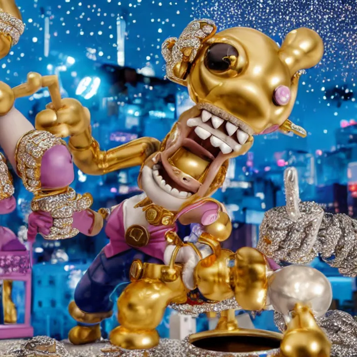 Image similar to jeff koons hip hop bauhaus style street sharks sailor moon wearing diamond grillz and a ton of bussdown iced gold bling in wallace & gromit strata - cut claymation, ultra realistic, concept art, intricate details, serious, highly detailed, photorealistic, octane render, 8 k, unreal engine, art by todd mcfarlane