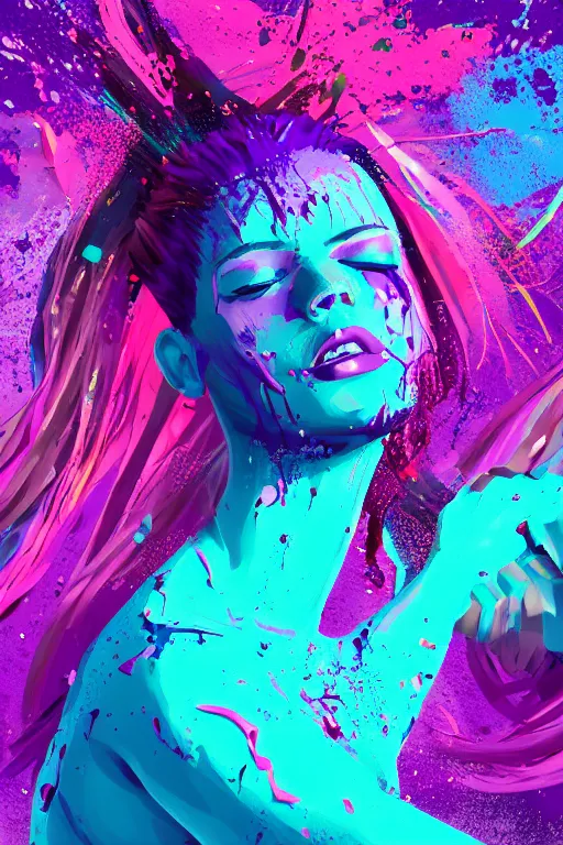Image similar to a award winning half body portrait of a beautiful woman in a croptop and cargo pants with ombre purple pink teal hairstyle with head in motion and hair flying, paint splashes, splatter, outrun, vaporware, shaded flat illustration, digital art, trending on artstation, highly detailed, fine detail, intricate