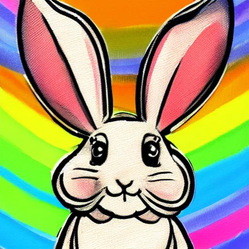 Image similar to portrait friendly cute happy stylish realistic rainbow rabbit. background in the style of art nouveau. lively. colorful. hd.