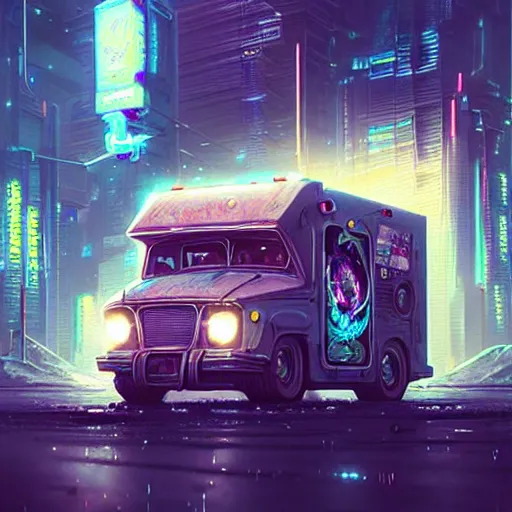 Image similar to a cyberpunk ice cream truck, highly detailed epic, CG render digital painting artwork by Greg Rutkowski, John Berkey, Alexander Jansson, Kuvshinov, WLOP, Artgerm, trending on ArtStation, intricate artwork by Tooth Wu, Beeple. octane render, trending on artstation, greg rutkowski very coherent symmetrical artwork, bokeh, cinematic, hyper realism, high detail, octane render, vervia, 8k