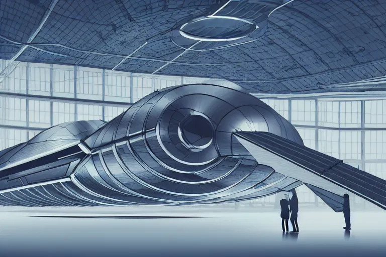 Image similar to a huge futuristic spacecraft in a hangar, cinematic lighting, low angle, tiny people standing near the spacecraft, concept art