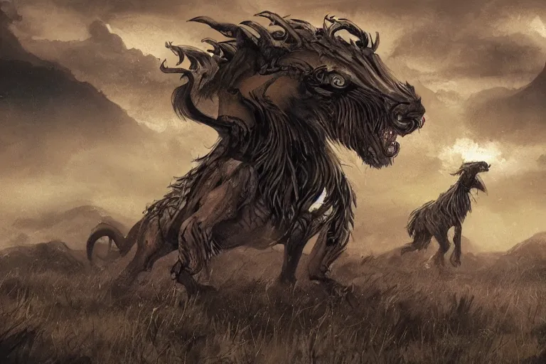 Prompt: beasts of the steppe, fantasy creature designs in an atmospheric landscape