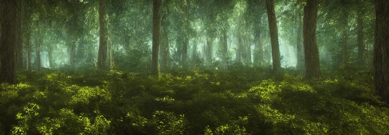 Prompt: a forest with glowing plants, wide shot, cinematic, ultra realistic, ultra detailed