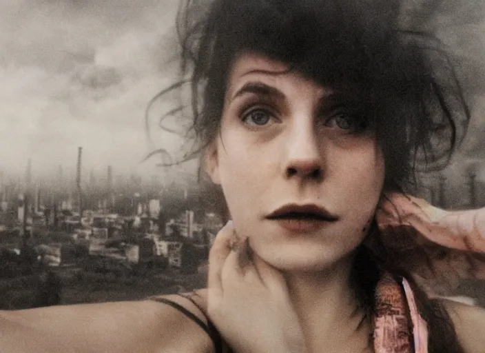 Image similar to mysterious sad rotten girl wrapped in smoke observing a big industrial city metropoli in the distance, cloudy sky, requiem for a dream