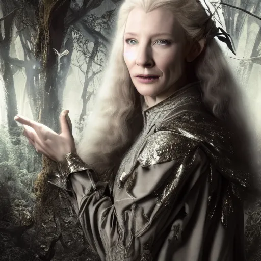 Prompt: portrait of mischievous, dangerous young Galadriel (Cate Blanchett) as a queen of elves, dressed in a refined silvery garment. The background is a dark, chilling eastern europen forrest. night, horroristic shadows, higher contrasts, (((lumnious))), theatrical, character concept art by ruan jia, thomas kinkade, and J.Dickenson, trending on Pinterest, ArtStation