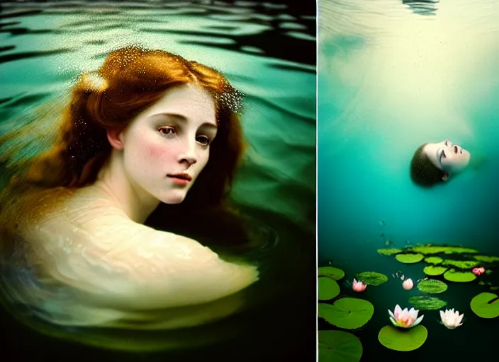 Image similar to Kodak Portra 400, 8K, soft light, volumetric lighting, highly detailed, britt marling style 3/4 ,portrait photo of a beautiful woman how pre-Raphaelites painter, the face emerging from the water of a pond with water lilies, part of the face is underwater, she has a beautiful lace dress and hair are intricate with highly detailed realistic beautiful flowers , Realistic, Refined, Highly Detailed, natural outdoor soft pastel lighting colors scheme, outdoor fine art photography, Hyper realistic, photo realistic