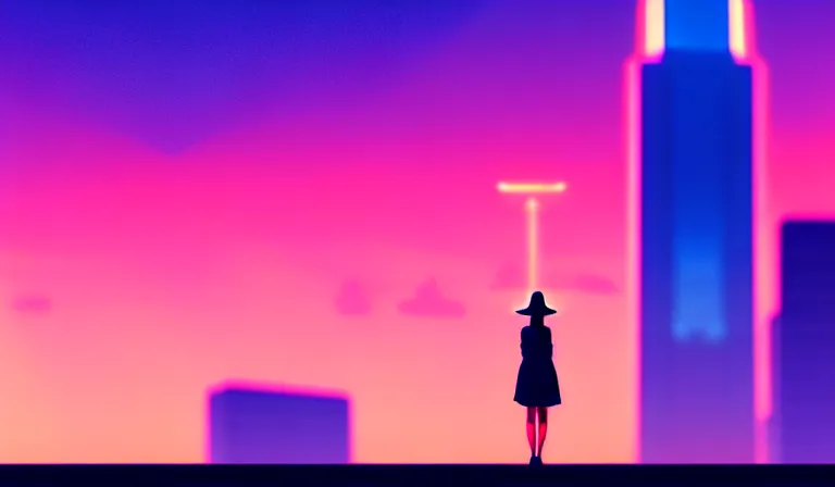 Image similar to a beautiful and immaculate futuristic city. the silhouette of a young woman with a hat standing above a building. vaporwave ombre rendering. outrun style. trending on artstation. recommended for you behance. by chris moore. by edward hopper. beeple colors. metropolis filmic. gotham city.