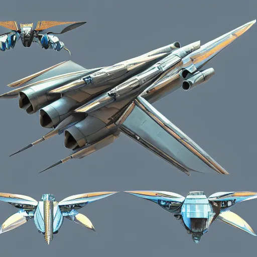 Prompt: a mechanized moth, orthographic views, top down view, side view, blueprints, jet fighter, space shuttle, mecha, highly detailed, artstation, super realistic, unreal engine