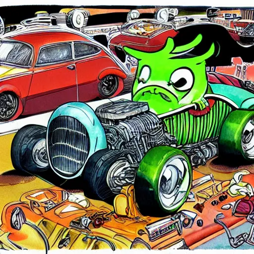 Prompt: racoon riding in a tiny hot rod coupe with oversized engine, ratfink style by ed roth, centered award winning watercolor pen illustration, bright and vivid, by chihiro iwasaki, edited by range murata