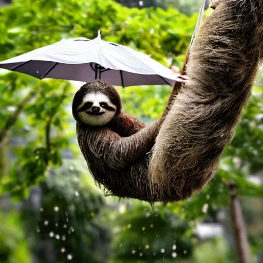 Prompt: photo of a cute sloth under an umbrella