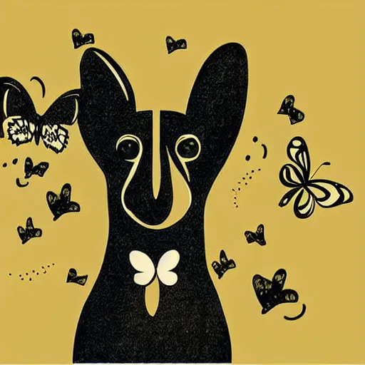 Prompt: the abstract painting of a dog figure with butterfly look alike ears, artistic vector flat illustration by Bryen Frost. surrealism, mono soft colors pallette