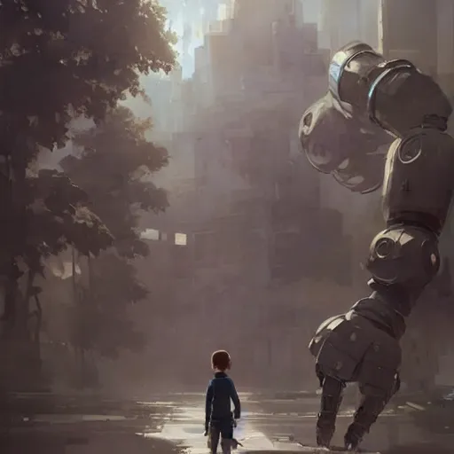 Prompt: a little boy holding hands with an enormous robot. detailed. by greg rutkowski. makoto shinkai. krzysztof maziarz.