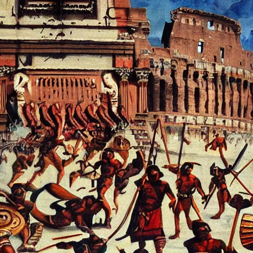 Image similar to aztecs destroy rome, epic painting