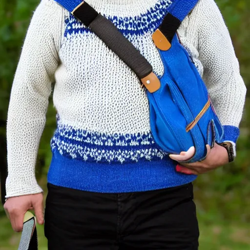 Image similar to hobbit wearing a white men's crossbody sling chest bag and blue sweater