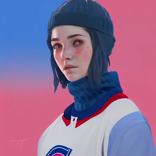 Image similar to portrait from Life is Strange, Female Ice Hockey Player, Habs fantasy, intricate, elegant, red blue white colorway, ice rink mist, highly detailed, digital painting, trending on artstation, concept art, smooth, sharp focus, illustration, art by james gilleard, beeple, artgerm and greg rutkowski and alphonse mucha, unreal engine, 4k, 8k