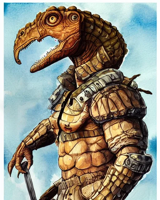 Image similar to a watercolor painting full body character portrait of a humanoid dinosaur / animal soldier / martial artist in the style of moebius in the style of leonard boyarsky trending on artstation deviantart pinterest furaffinity detailed photorealistic highlights and shadow hd 8 k post - processing high resolution