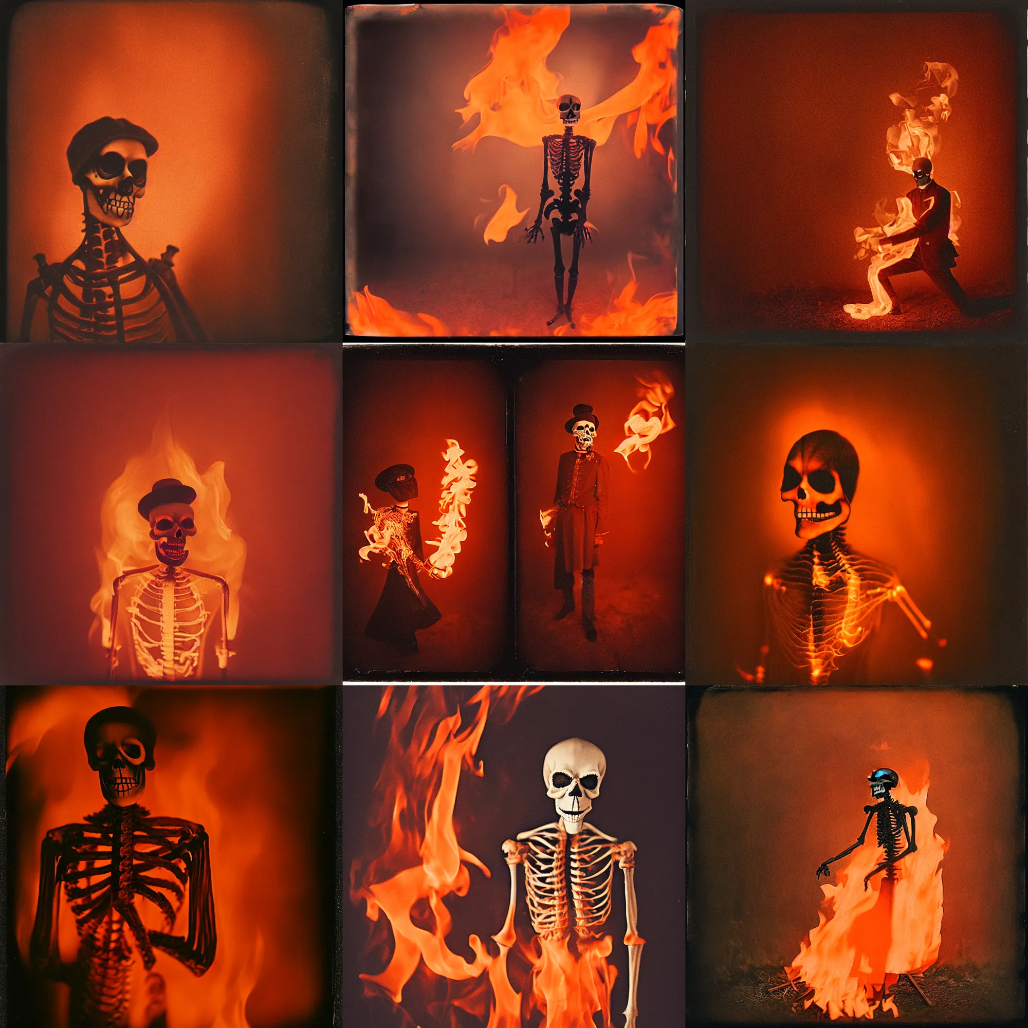 Prompt: kodak portra 4 0 0, wetplate, motion blur, portrait photo of a backdrop, skelleton, 1 9 1 0 s, coloured in orange fire, sparkling, by britt marling, muted colours