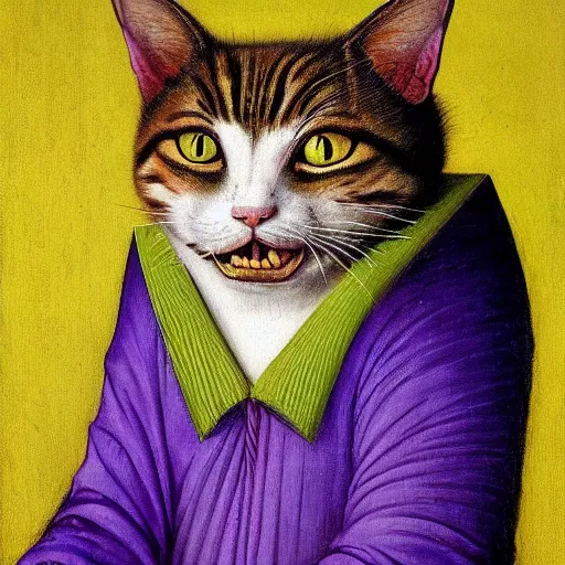 Prompt: stunning vibrant portrait of the cat of cheshire by hieronymus bosch with purple stripes and a wicked smile