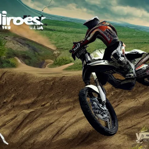 Prompt: a dramatic off road motorcycle race moment, steep uphill epic rider crash, view from a drone, realistic art