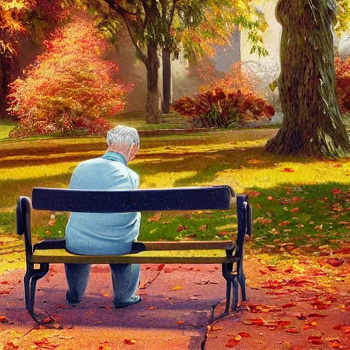 Image similar to 1940s old man sitting on a bench in a city park, colorful autumn, highly detailed, digital painting, artstation, concept art, sharp focus, illustration, art by artgerm and greg rutkowski and alphonse mucha