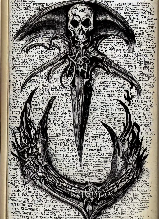 Image similar to a full page scan of handwritten evil spells, illustrated, intricate writing, knives made of human bones, satanic, evil, grimoire page, necronomicon style