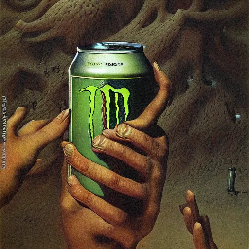 Prompt: can of Monster energy drink by Zdzisław Beksiński, oil on canvas