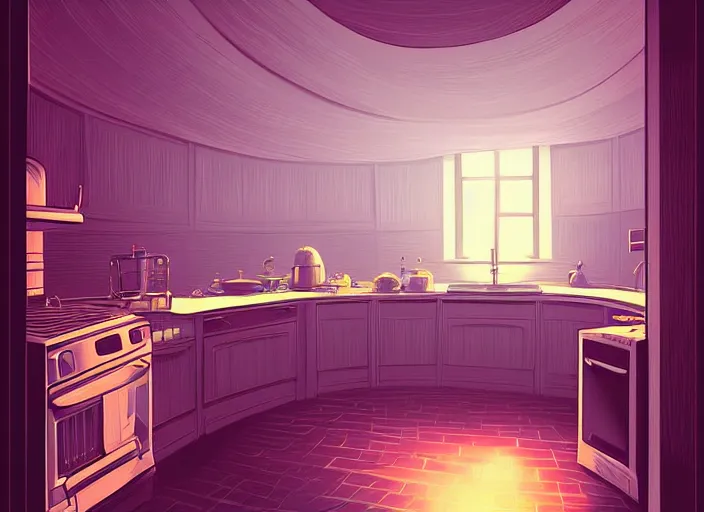 Image similar to multilevel curved perspective digital art of a dim lit kitchen (from Tim Burtons Nightmare Before Christmas) by Christopher Balaskas