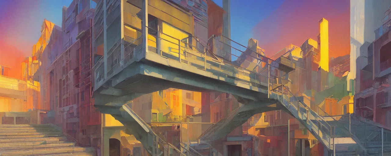 Prompt: An oilpainting of neo brutralism, concrete housing, a long stairway up, concept art, colorful, vivid colors, sunrise, warm colors, light, strong shadows, reflections, cinematic, 3D, in the style of Akihiko Yoshida and Edward Hopper