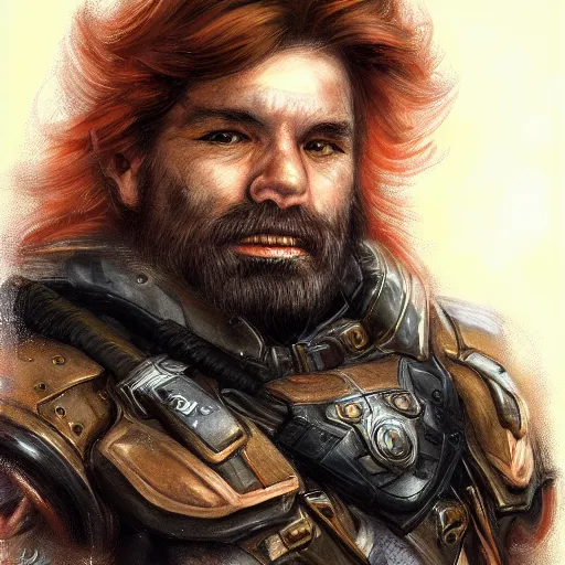 Prompt: portrait of a male dwarf by ayami kojima, he is about 2 0 years old, american, copper hair, strong, friendly, he is wearing a modern tactical gear, scifi, highly detailed portrait, digital painting, artstation, concept art, smooth, sharp foccus ilustration, artstation hq