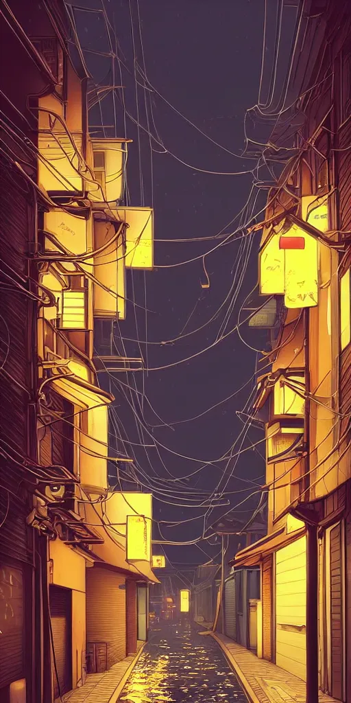 Image similar to tokyo alleyway, rainy day, lights, ( ( ( cables ) ) ) by cory loftis, makoto shinkai, hasui kawase, james gilleard, beautiful, serene, peaceful, lonely, golden curve composition